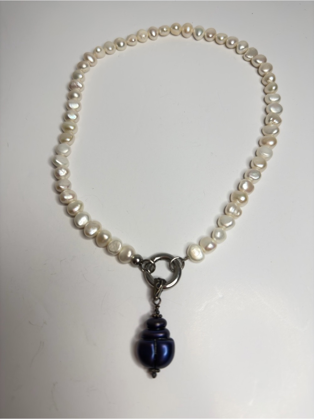 Vintage White Pearl Necklace with Dark Blue Mystic Baroque Pearl Pendant
